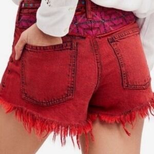 We The Free Sun Break Red Cut Off Fringe Hem Embroidered Shorts